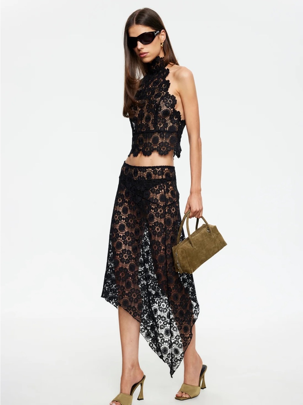 Lioness Black Floral Lace Asymmetrical Handkerchief Skirt
